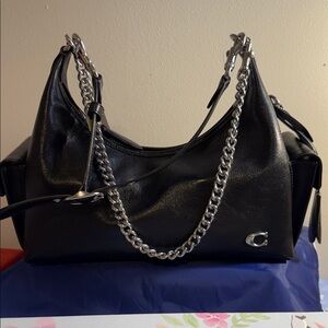 Coach Black Leather Shoulder Bag with Silver Chain
